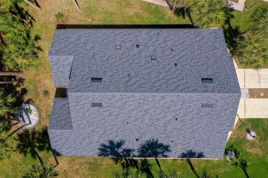 An aerial view shows the gray shingled roof of a house surrounded by palm trees — 4538 ROCKLEDGE LANE, PORT ORANGE, FL
