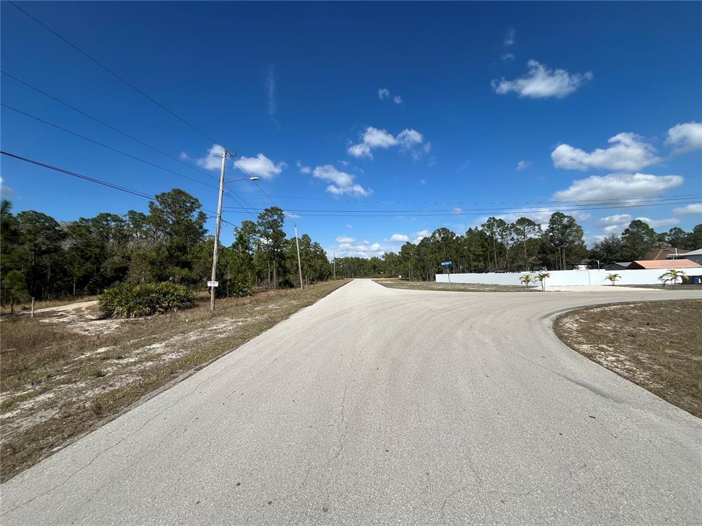 A paved road curves through a rural area with pine trees and a white fence — 494 BURRSTONE DRIVE, LEHIGH ACRES, FL