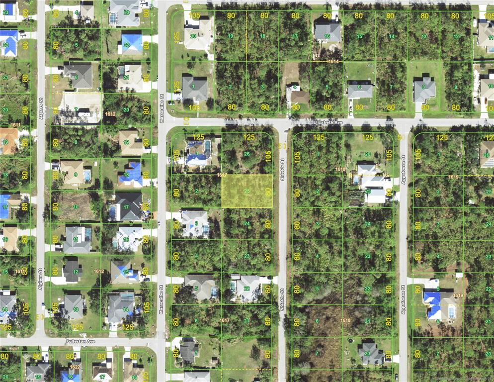 This is an aerial map showing residential lots and streets in a suburban neighborhood — 1375 SHIELDS STREET, PUNTA GORDA, FL