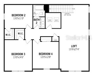 This is a floor plan of a house second floor featuring three bedrooms, a loft, and a bathroom — 10248 CABANA STREET, ORLANDO, FL