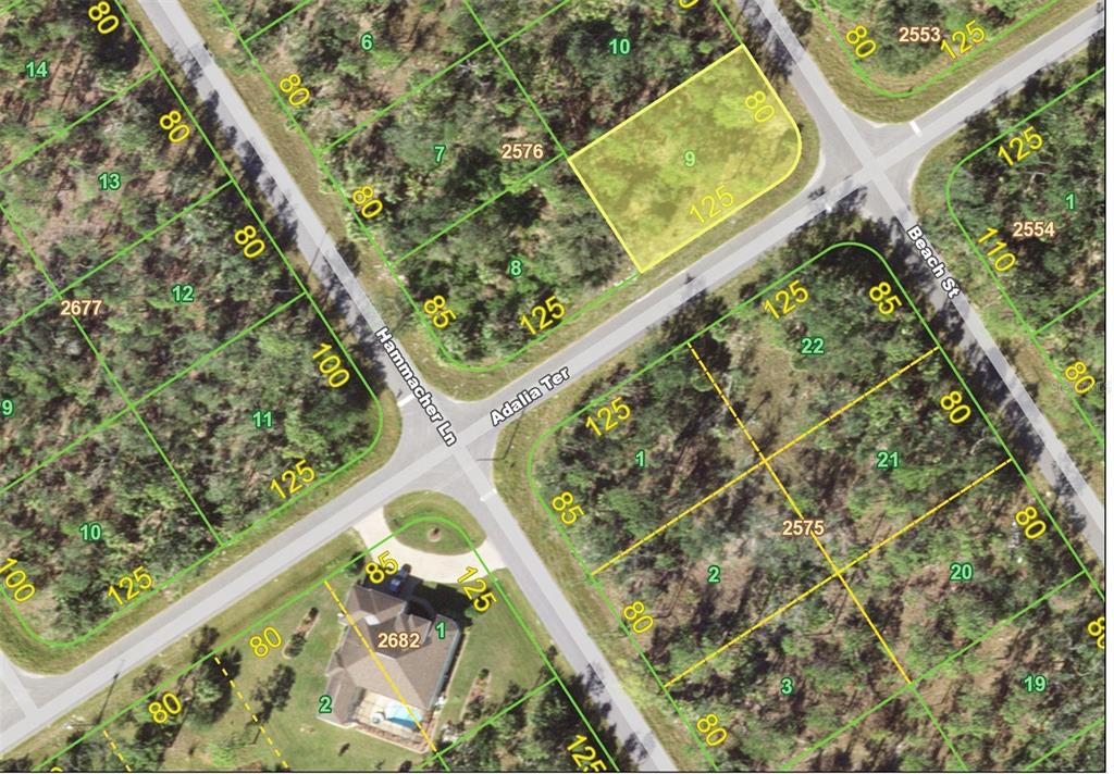 This is a satellite map view showing residential land parcels and street layouts — 1177 BEACH STREET, PORT CHARLOTTE, FL