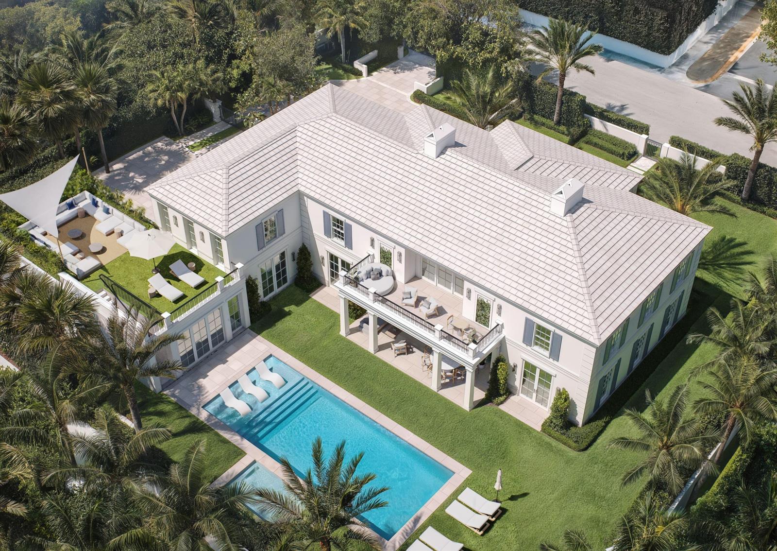 Aerial view of a white two-story house with a pool, patio, and landscaped yard — 124 Cocoanut Row, Palm Beach FL 33480, PALM BEACH, FL