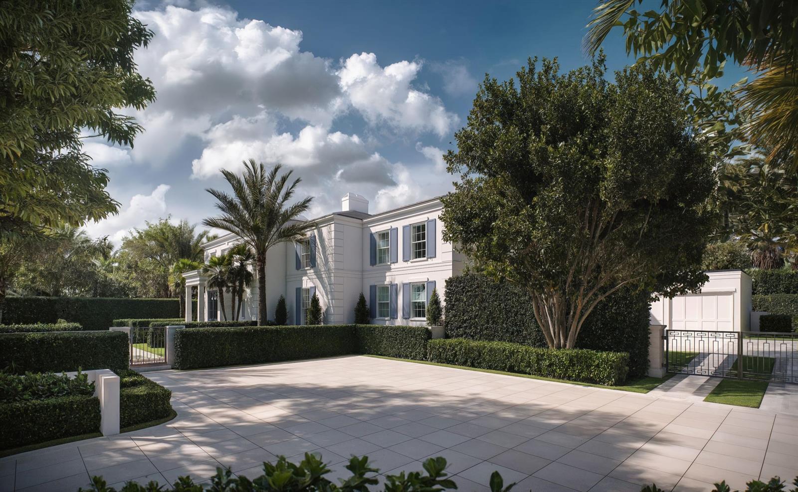 A white two-story house with blue shutters sits behind a paved courtyard and manicured hedges — 124 Cocoanut Row, Palm Beach FL 33480, PALM BEACH, FL