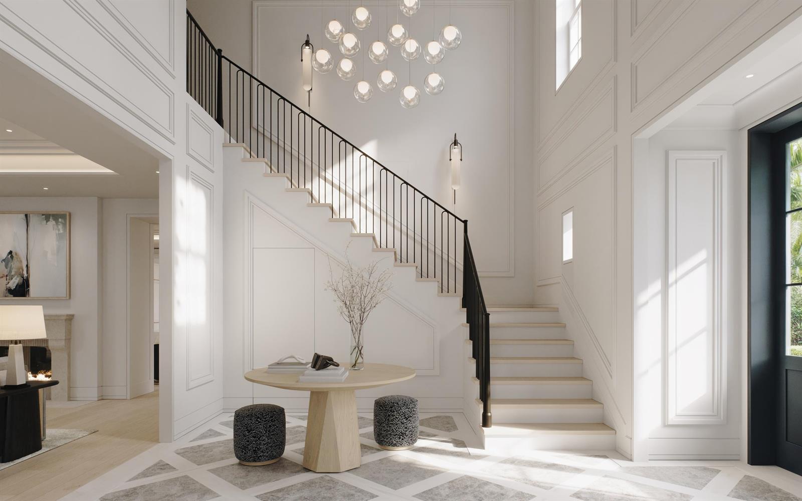 This rendering shows a grand foyer with a staircase, a round table, and modern lighting — 124 Cocoanut Row, Palm Beach FL 33480, PALM BEACH, FL