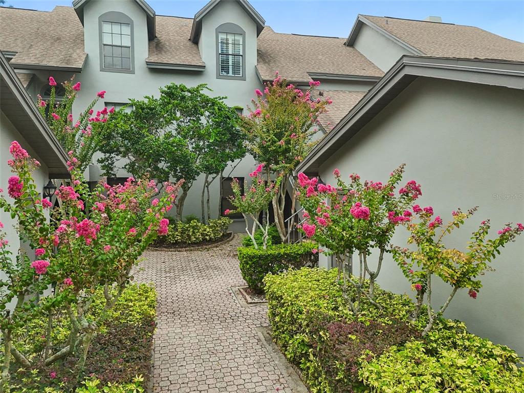 A vibrant pink crape myrtle bush stands beside a home entrance with a decorative door — 2830 COUNTRYSIDE BOULEVARD UNIT 223, CLEARWATER, FL