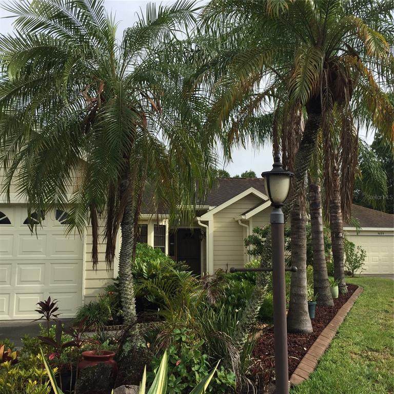 A light-colored house exterior features a garage, a front entrance, and several tall palm trees — 5025 82ND WAY E, SARASOTA, FL