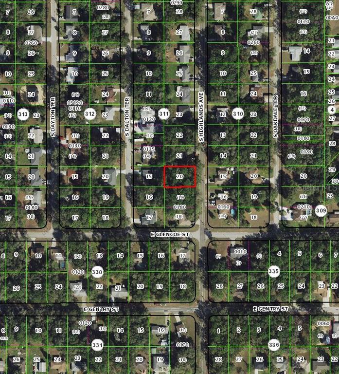 This is a satellite map showing residential property lot lines and street layouts — 3552 S HIGHLANDS AVENUE, INVERNESS, FL