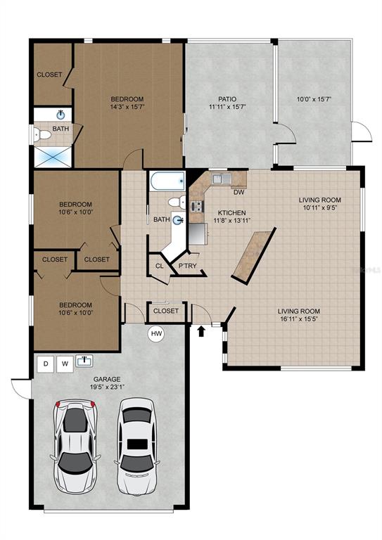 This is a floor plan for a three-bedroom home with a two-car garage and patio — 1305 MORAY COURT, LEESBURG, FL