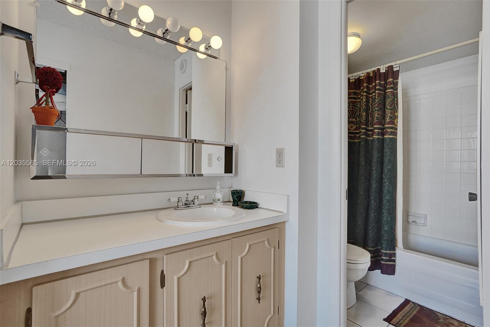 A bathroom features a light wood vanity, a large mirror, and an adjacent shower area — 3113 S Ocean Dr # 803, Hallandale Beach FL 33009, HALLANDALE BEACH, FL