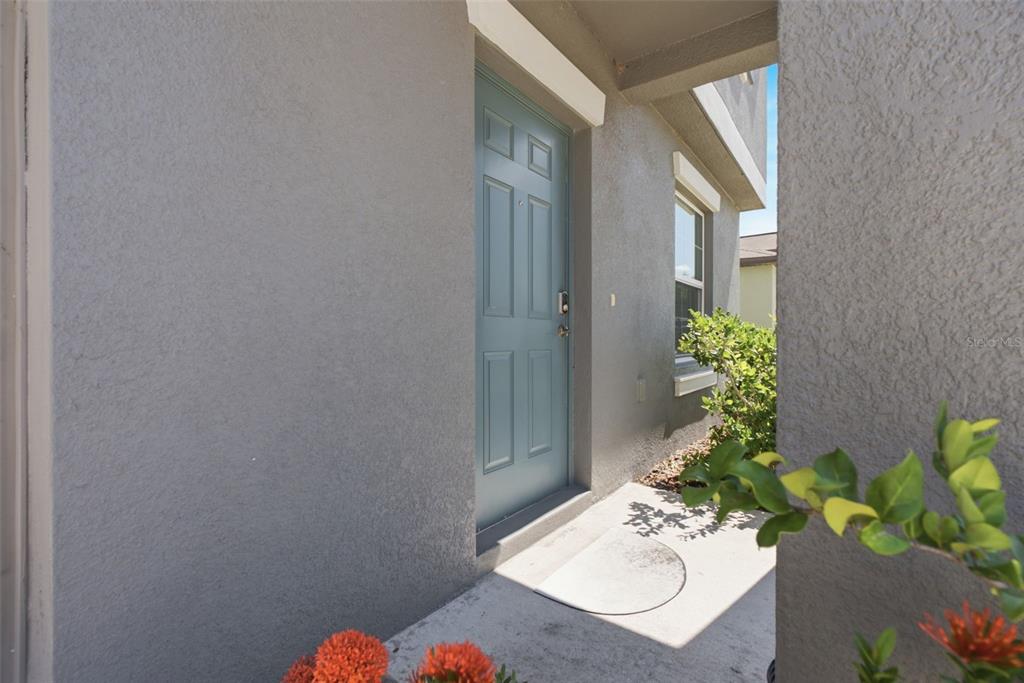 A light blue front door is set into a gray stucco exterior wall with concrete flooring — 13380 GREAT PLAINS DRIVE, RIVERVIEW, FL