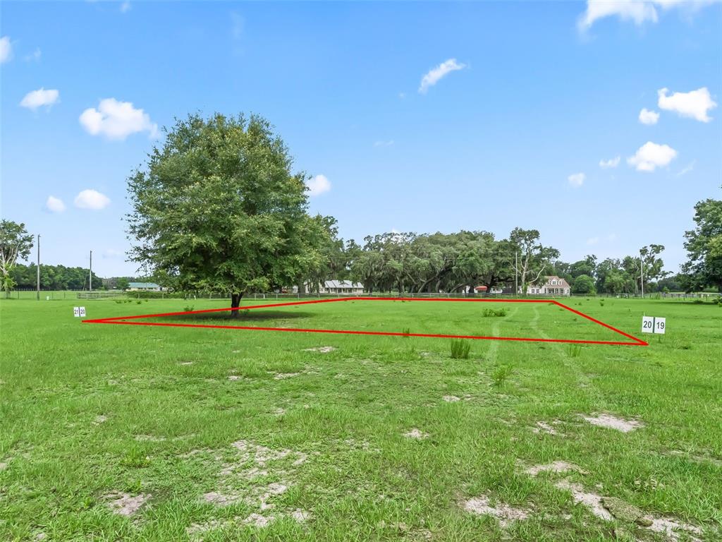 A large, grassy, undeveloped plot of land is outlined in red under a blue sky — Lot 20 CR 543, BUSHNELL, FL
