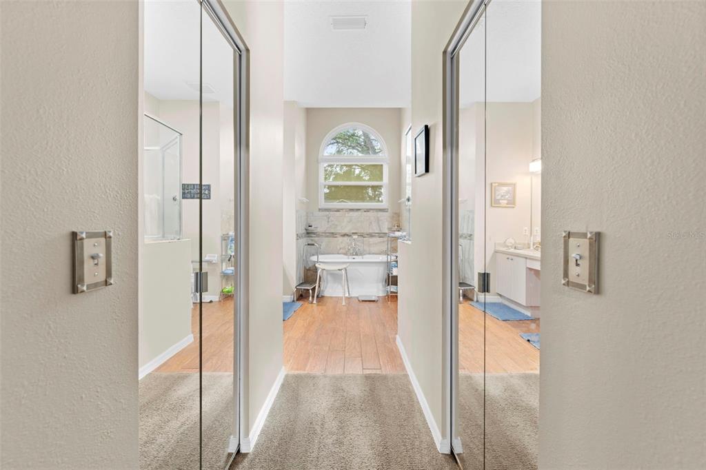 A carpeted hallway leads to a bathroom featuring a soaking tub and wood-look tile flooring — 2552 CRYSTAL LAKE DRIVE, SPRING HILL, FL