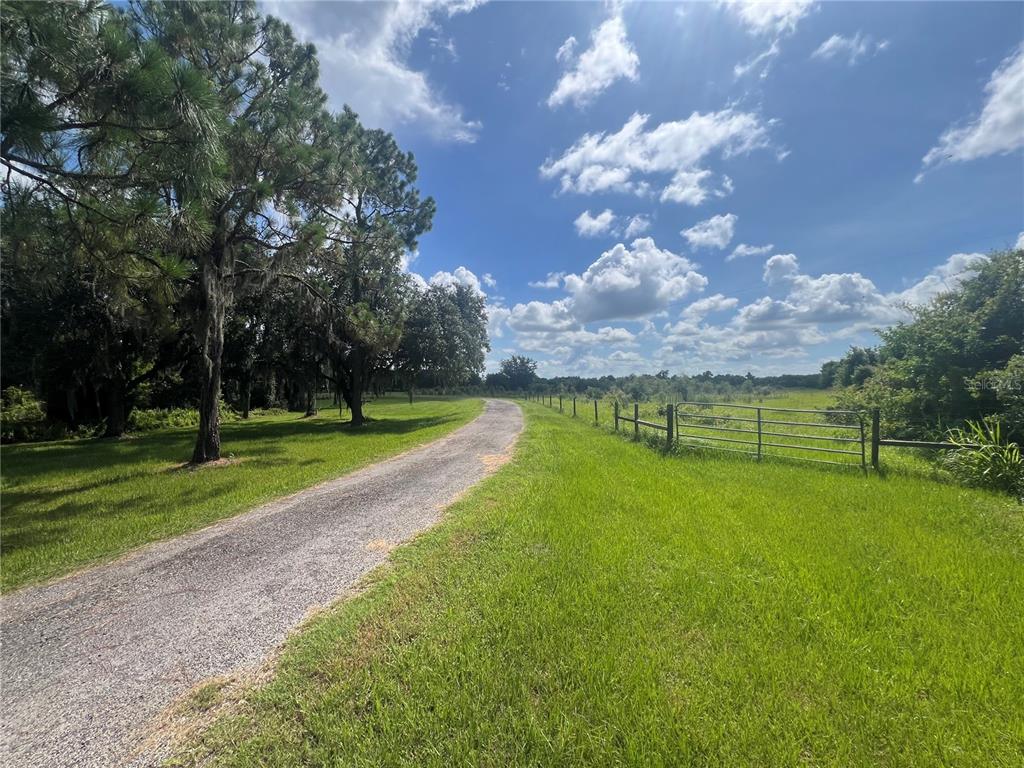 A gravel driveway curves through a grassy field alongside a metal fence and mature trees — 8755 WAUCHULA ROAD, MYAKKA CITY, FL