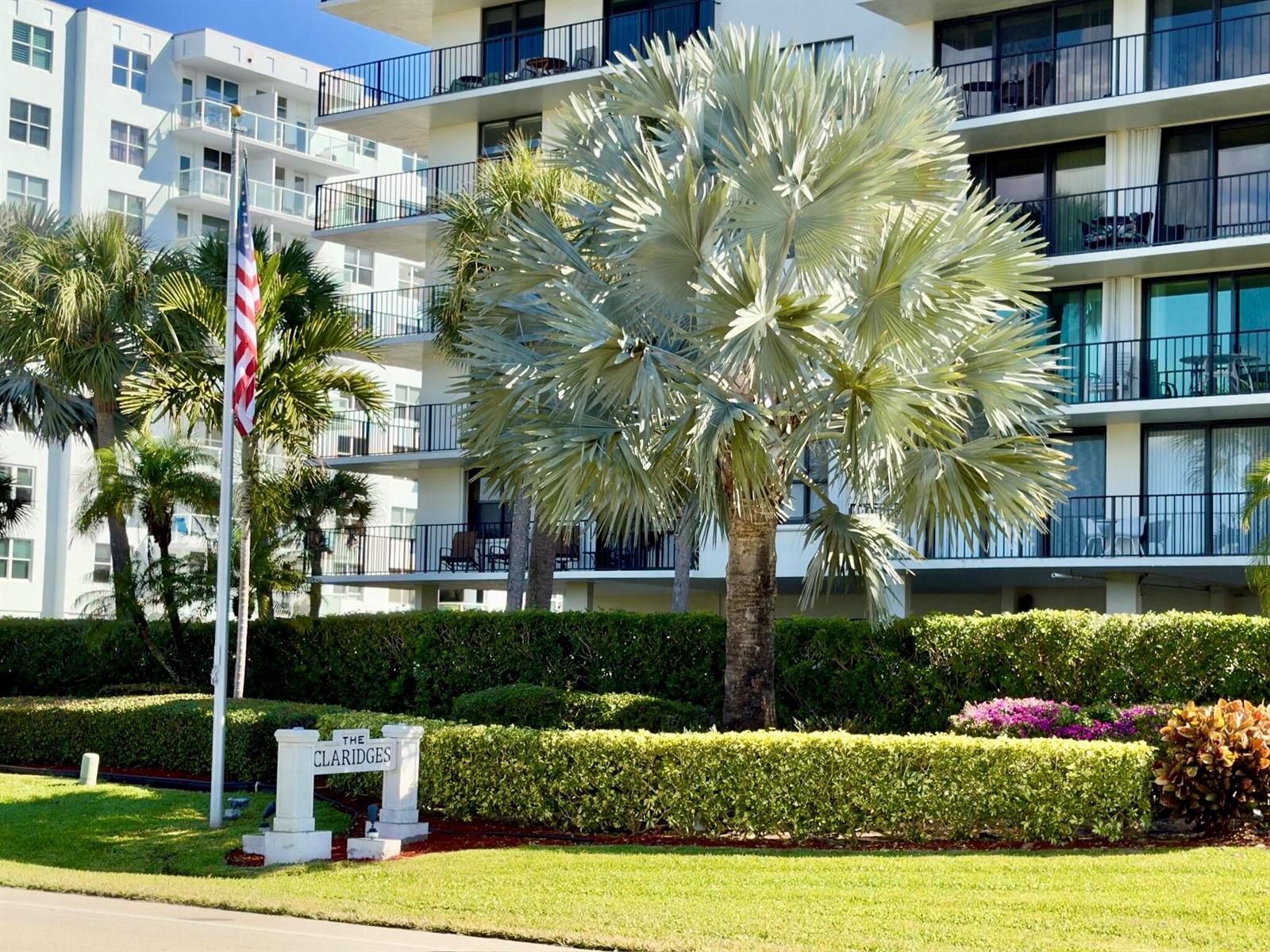 A large silver palm tree stands in front of a multi-story apartment building with balconies — 3460 S Ocean Boulevard # 5110, Palm Beach FL 33480, PALM BEACH, FL