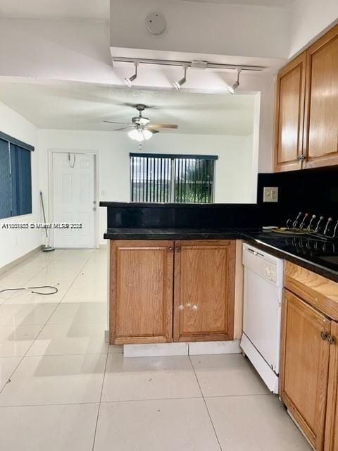 A kitchen features wood cabinets, a black countertop, a dishwasher, and a ceiling fan — 310 SW 10th Ter, Hallandale Beach FL 33009, HALLANDALE BEACH, FL