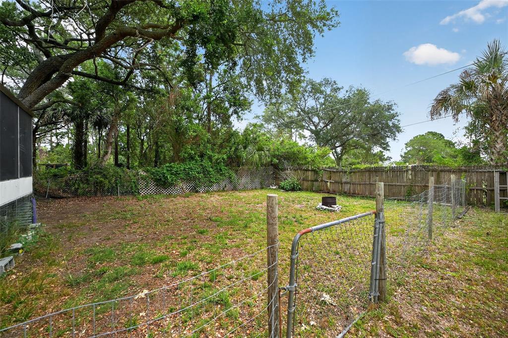 A fenced backyard features a patch of grass, a fire pit, and surrounding mature trees — 163 WEST STREET, OAK HILL, FL