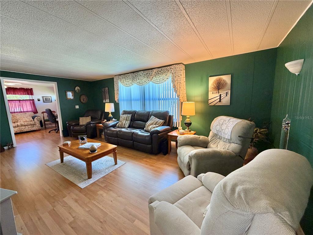 A living room features green paneled walls, wood-look flooring, and a mix of seating furniture — 325 PALO VERDE DRIVE, LEESBURG, FL