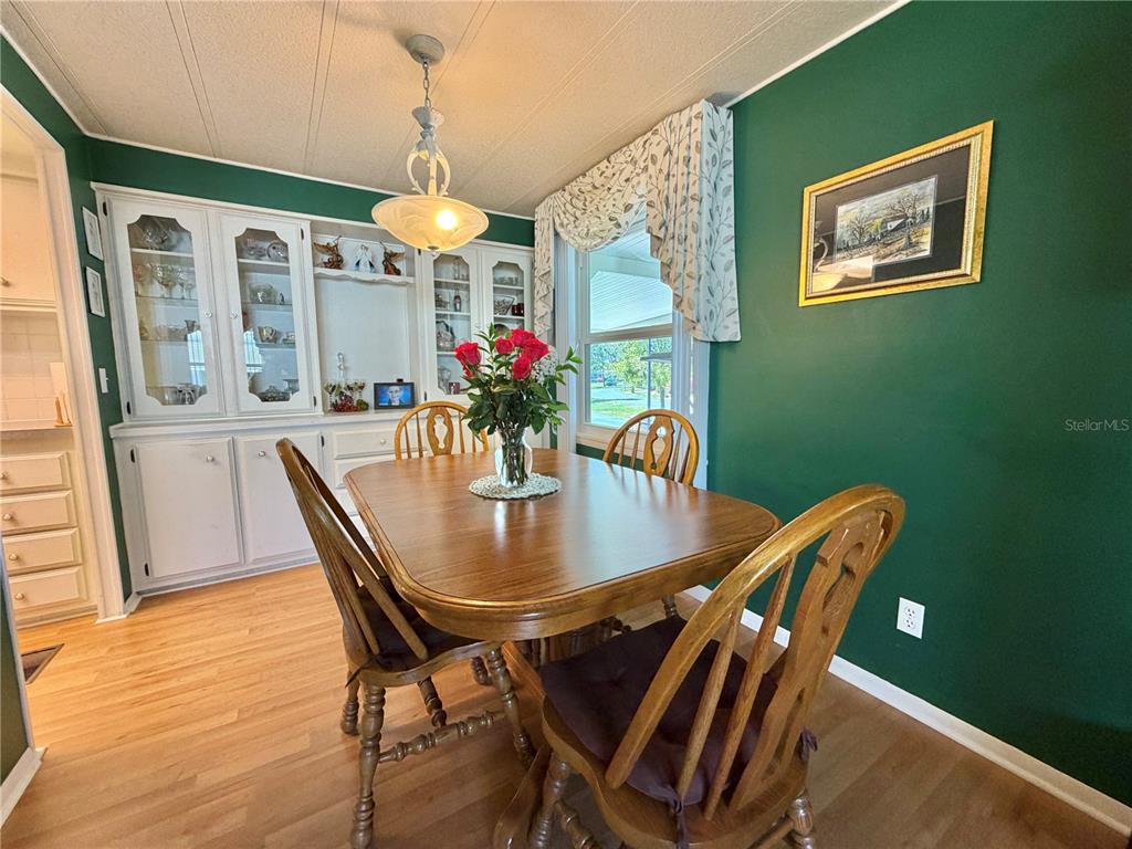 A dining room features a wooden table, chairs, a built-in hutch, and green walls — 325 PALO VERDE DRIVE, LEESBURG, FL