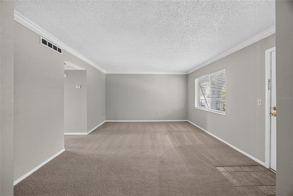 An empty living room features gray walls, beige carpet, a white door, and a window — 128 WATER FRONT WAY UNIT 360, ALTAMONTE SPRINGS, FL
