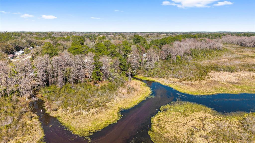 An aerial view shows a winding waterway surrounded by dense trees and marshy vegetation — 22817 SW 117TH STREET, DUNNELLON, FL