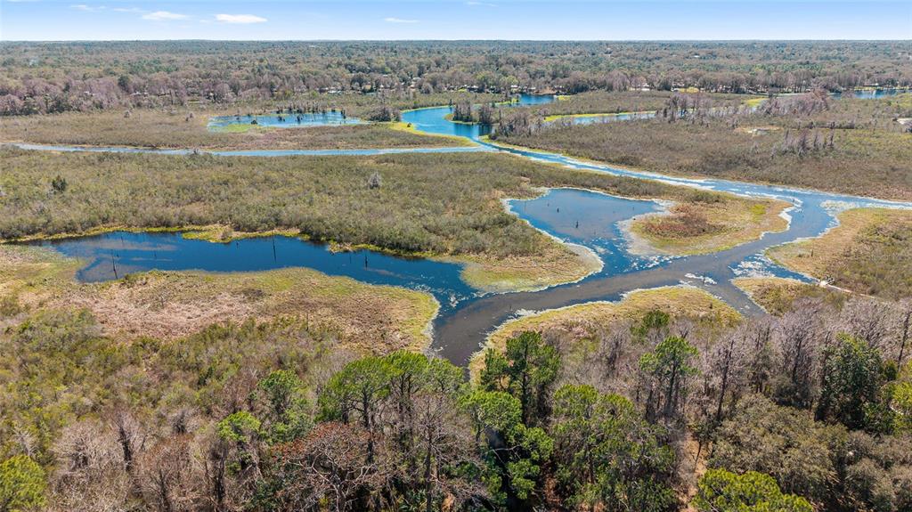 An aerial view shows a winding river flowing through a marshy landscape with scattered trees — 22817 SW 117TH STREET, DUNNELLON, FL
