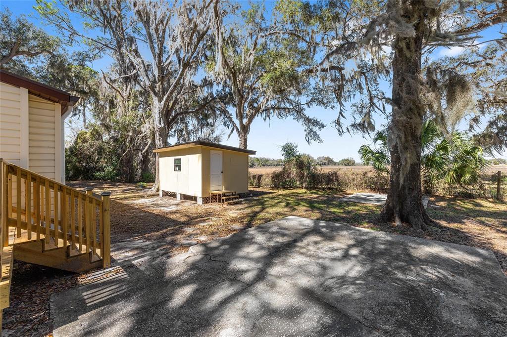 A backyard features a concrete patio, a small shed, and large trees with Spanish moss — 22817 SW 117TH STREET, DUNNELLON, FL