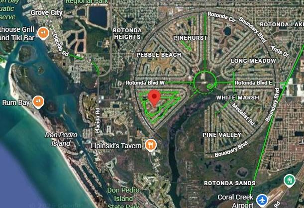 This is a satellite map view of the Rotonda West residential community in Florida — 1 GOLFVIEW ROAD S, ROTONDA WEST, FL