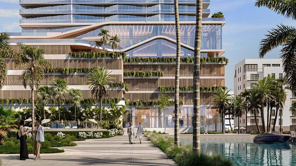 This architectural rendering shows a modern building exterior with lush landscaping and a waterfront walkway — 456 NE 29th St # 3402, Miami FL 33137, MIAMI, FL