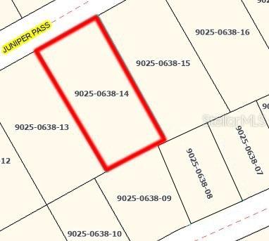This is a map showing the property boundary of a land parcel highlighted in red — JUNIPER PASS, OCALA, FL