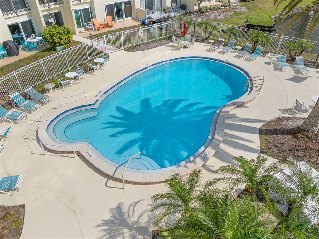 An aerial view of a kidney-shaped swimming pool surrounded by lounge chairs and patio furniture — 225 COUNTRY CLUB DRIVE UNIT F-1401, LARGO, FL