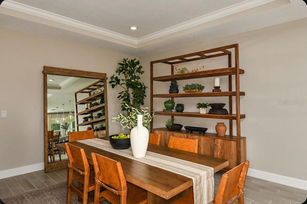 A dining room features a wooden table, leather chairs, a large mirror, and open shelving — 8 ARMENIA COURT, PALM COAST, FL