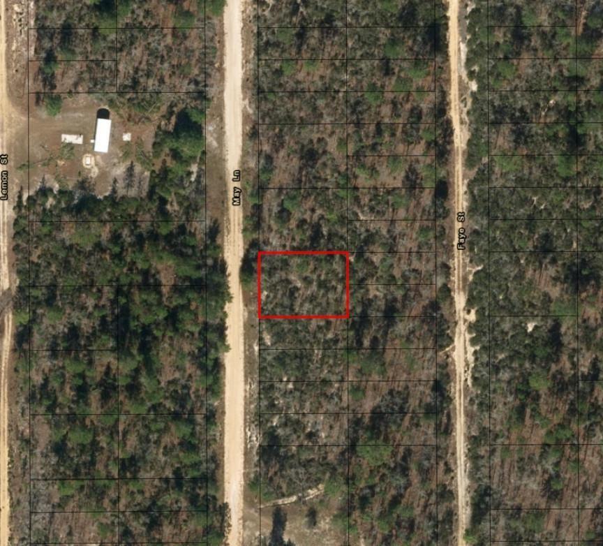 This aerial map shows a rectangular plot of land highlighted in red near a dirt road — 0 May Lane, FL 32148, FL