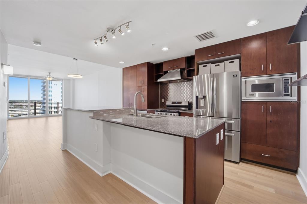 A modern kitchen features dark wood cabinets, granite countertops, and stainless steel appliances — 1208 E KENNEDY BOULEVARD UNIT 1121, TAMPA, FL