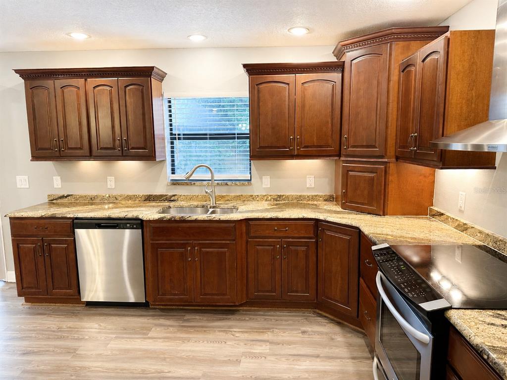 A kitchen with dark wood cabinets, granite countertops, stainless steel appliances, and wood-look flooring — 664 CHANNING DRIVE, PALM HARBOR, FL