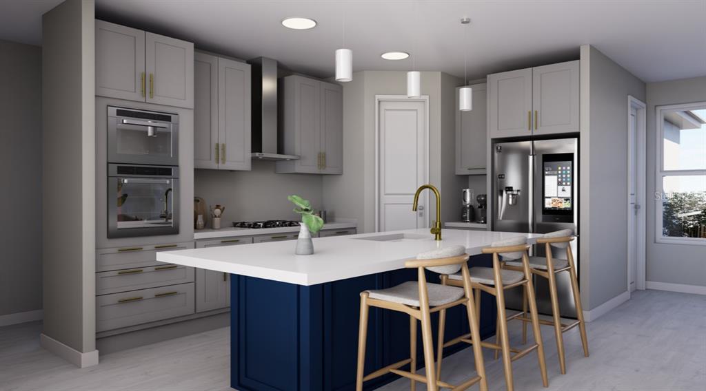 This is a rendering of a modern kitchen featuring a blue island and grey cabinetry — 11614 SW 49TH AVENUE, OCALA, FL