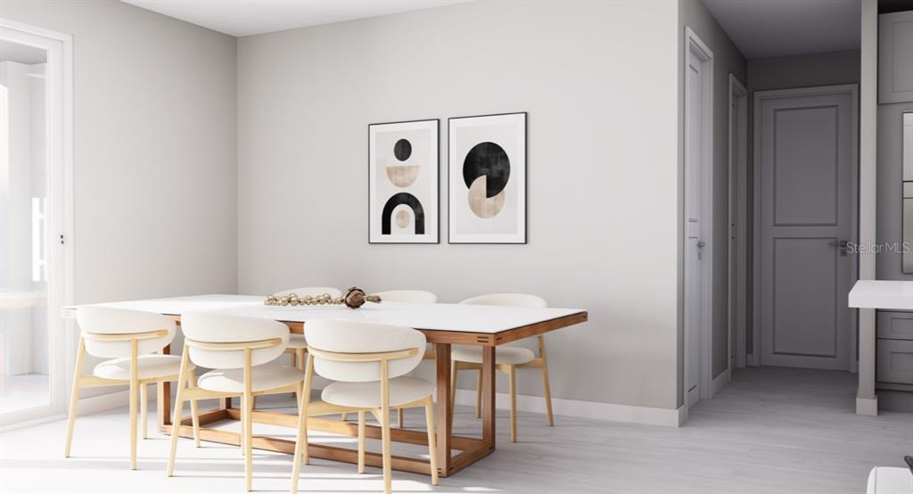 This rendering shows a dining room with a white table, light-colored chairs, and abstract art — 11614 SW 49TH AVENUE, OCALA, FL