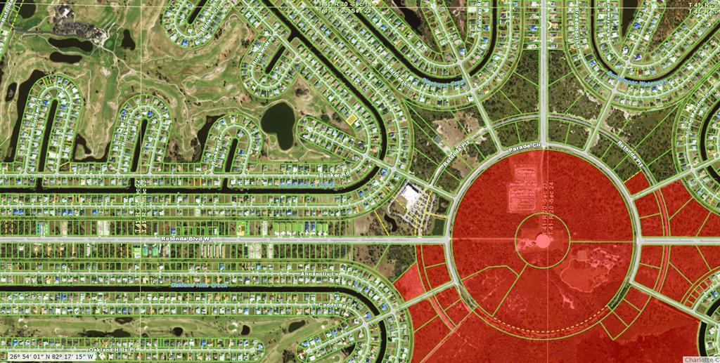 This is a satellite map view of a residential neighborhood with a large circular area — 152 BUNKER ROAD, ROTONDA WEST, FL