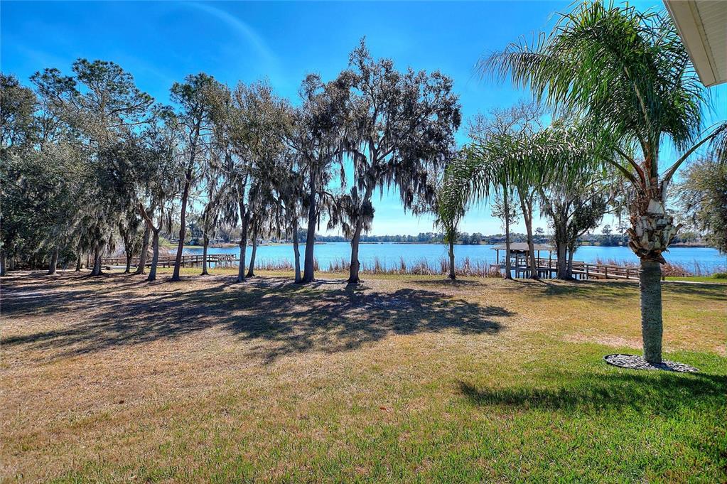 A grassy backyard features mature trees and a palm tree overlooking a lake with docks — 381 NOLANE LANE, POLK CITY, FL