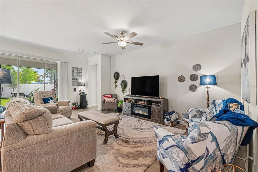 A living room features a television console, patterned area rug, and seating area with blue accents — 10892 IBIS BROOK COURT, LAND O LAKES, FL