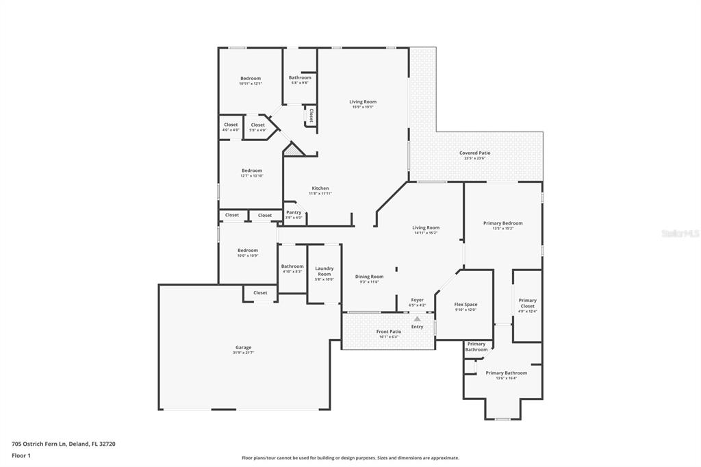 This is a floor plan for a single-story house featuring a garage and covered patio — 705 OSTRICH FERN LANE, DELAND, FL