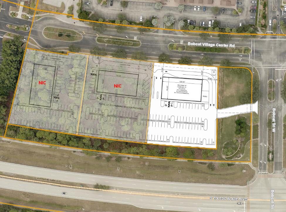 An aerial site plan rendering shows a commercial lot with a building footprint and parking — 3020 BOBCAT VILLAGE CENTER ROAD, NORTH PORT, FL