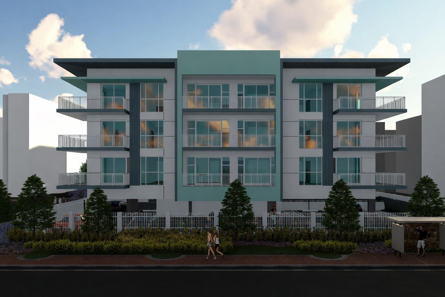 This is a rendering of a three-story apartment building with balconies and a fenced exterior — 1951 E Hillsboro Beach Boulevard # 202, Deerfield Beach FL 33441, DEERFIELD BEACH, FL