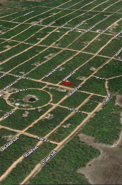 This is an aerial map view of a vacant lot highlighted in red — LOT 16 NORMAN AVENUE, INTERLACHEN, FL