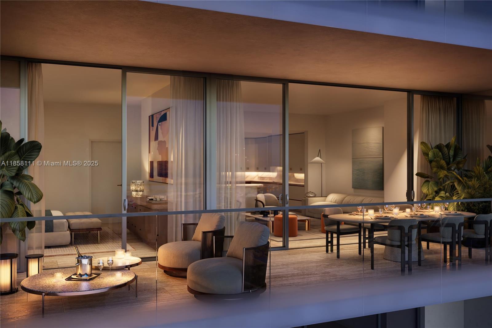This rendering shows a modern apartment balcony with outdoor seating and a dining area — 24 SW 4th St # 4306, Miami FL 33130, MIAMI, FL