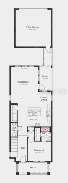This is a floor plan for a single-story home featuring a garage, lanai, and two bedrooms — 5168 DOMINION ALLEY, ST CLOUD, FL