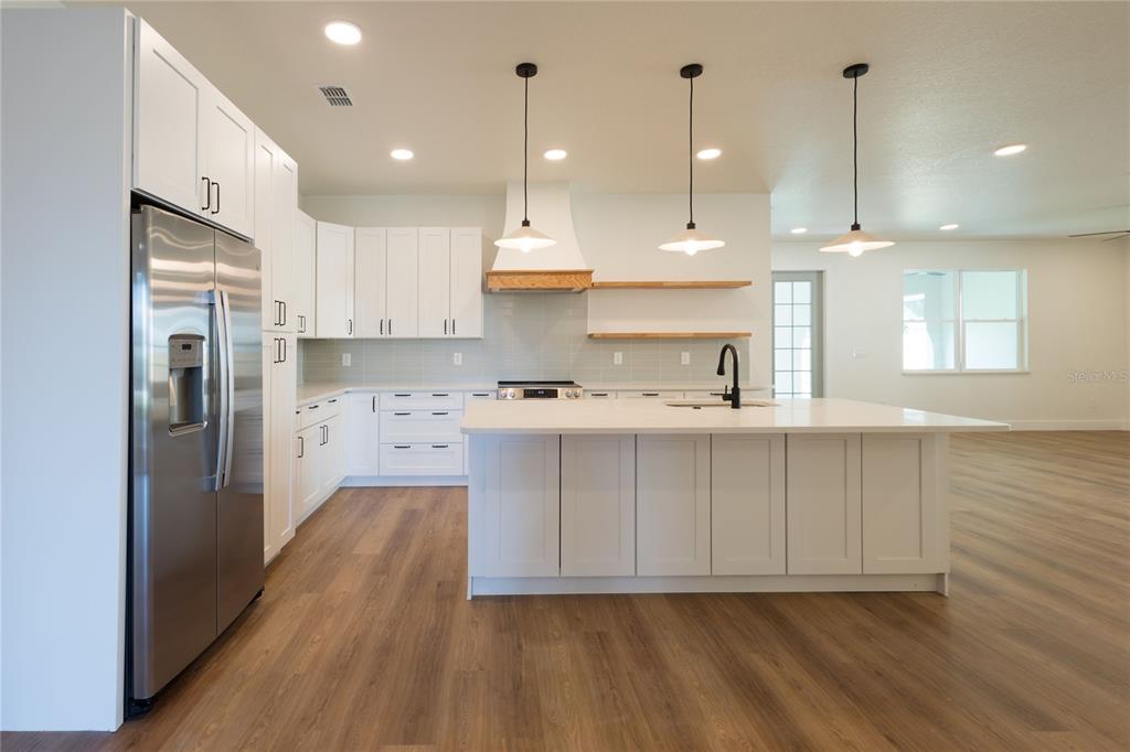 A modern kitchen features white cabinetry, a large center island, and wood-look flooring — 3679 LINCOLN STREET, SANFORD, FL