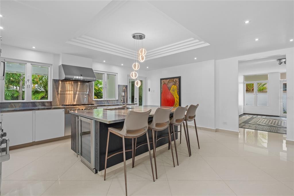 A modern kitchen features a large island with bar seating, white cabinetry, and pendant lighting — 18 PASEO LAS PALMAS, DORADO, PR, PR