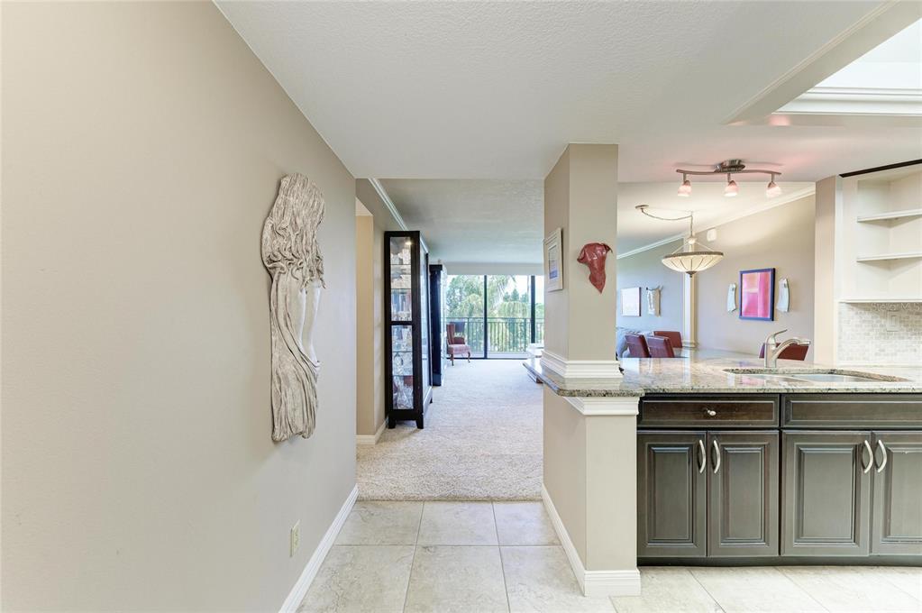 A view from a tiled kitchen area looking toward a carpeted living room with balcony access — 5700 ESCONDIDA BOULEVARD S UNIT 506, ST PETERSBURG, FL