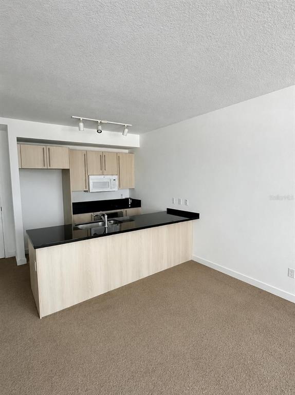 A kitchen with light wood cabinets, black countertops, and a breakfast bar in a carpeted room — 1111 SW 1ST AVENUE UNIT 1924, MIAMI, FL