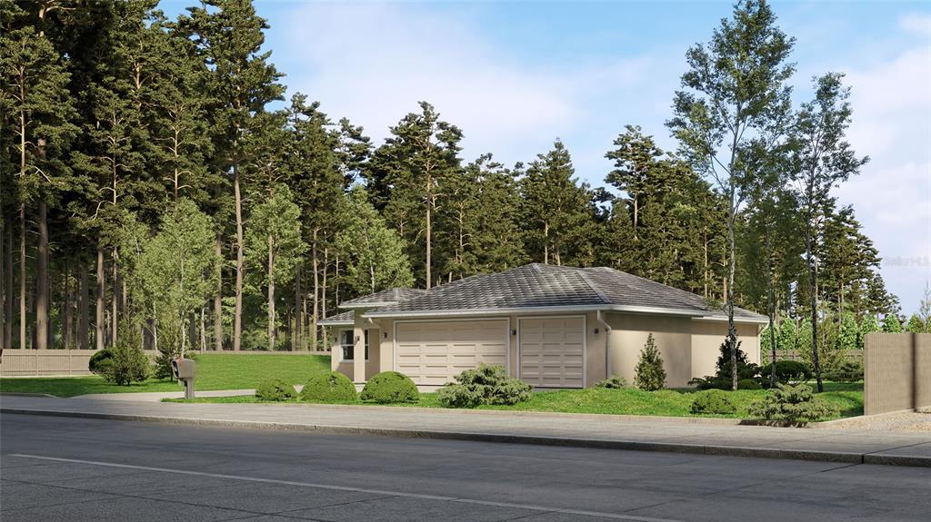 A digital rendering of a single-story house with a two-car garage and a wooded background — 8073 ANTWERP CIRCLE, PORT CHARLOTTE, FL